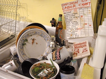 Dishes and seminal Marxist tracts pile up in the kitchen sink.